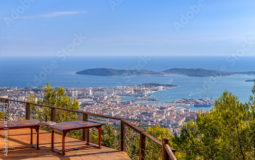 View of Toulon city and coastline from observation deck on the Faron mountain. Toulon, France. photo