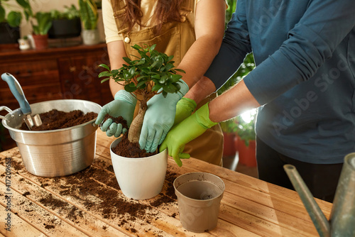 Young man and woman filling pot with soil indoors