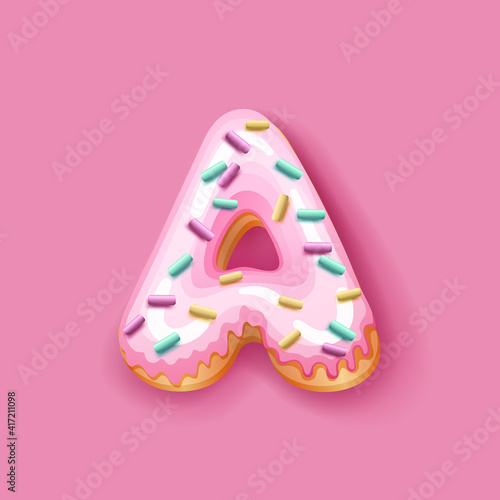 Donut icing pink upper latters - A Font of donuts. Bakery sweet alphabet. Donut alphabet latter A isolated on pink background, vector illustration.