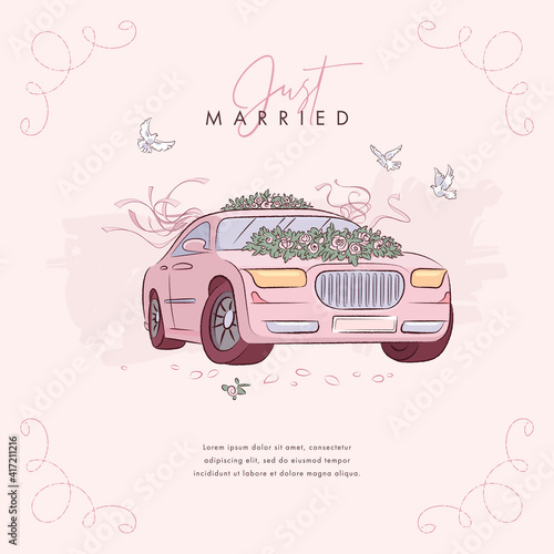 Hand drawn wedding car background. Vector illustration