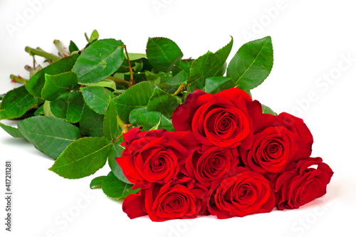  bouquet of red roses on the white