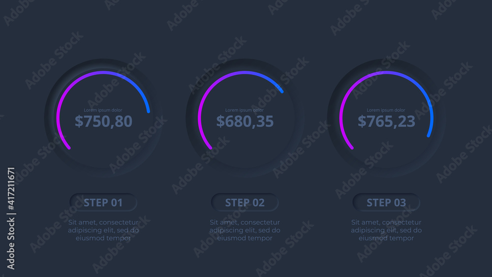 Dark neumorphic elements for infographic. Template for diagram, graph, presentation and chart. Skeuomorph concept Dark neumorphic elements for infographic. Template for diagram, graph, presentation and chart. Skeuomorph concept