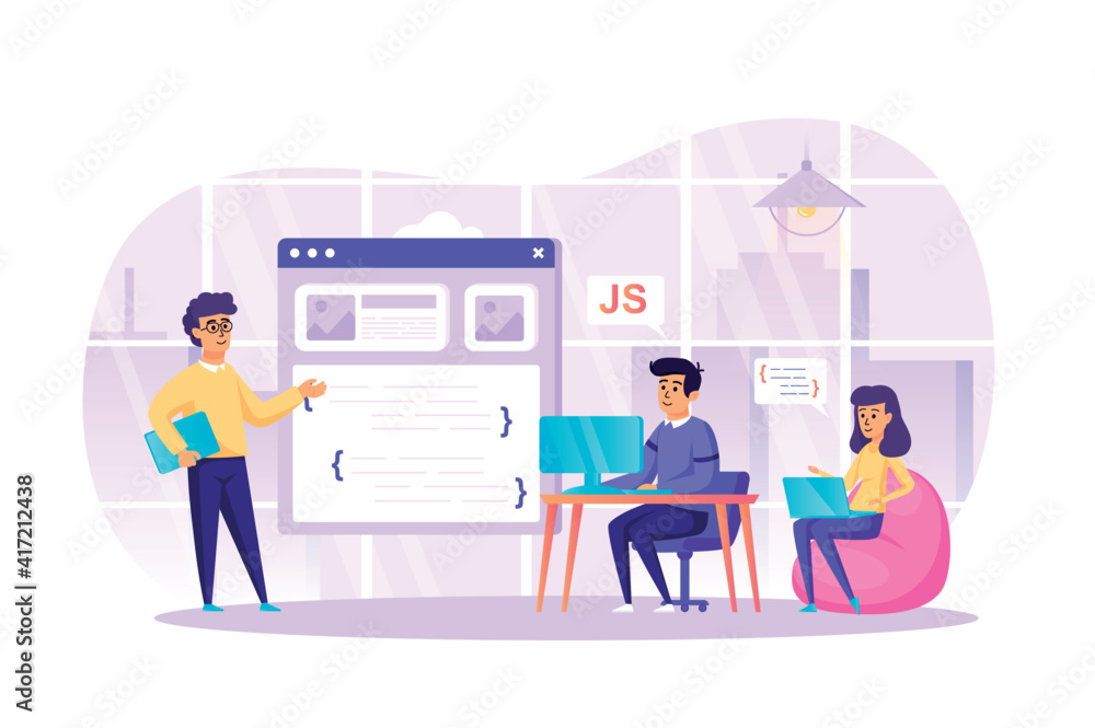 Developing programming software at office scene. Developers programming, programmers coding, working on laptops. Teamwork on project concept. Vector illustration of people characters in flat design