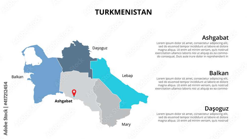 Turkmenistan vector map infographic template divided by states, regions or provinces. Slide presentation