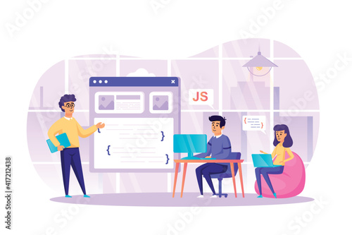 Developing programming software at office scene. Developers programming, programmers coding, working on laptops. Teamwork on project concept. Vector illustration of people characters in flat design