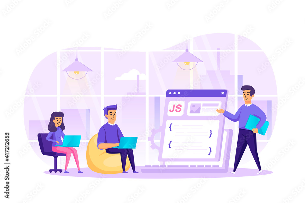 Web development at office scene. Developers programming, making website coding, working on laptops. Colleagues at work, web agency concept. Vector illustration of people characters in flat design