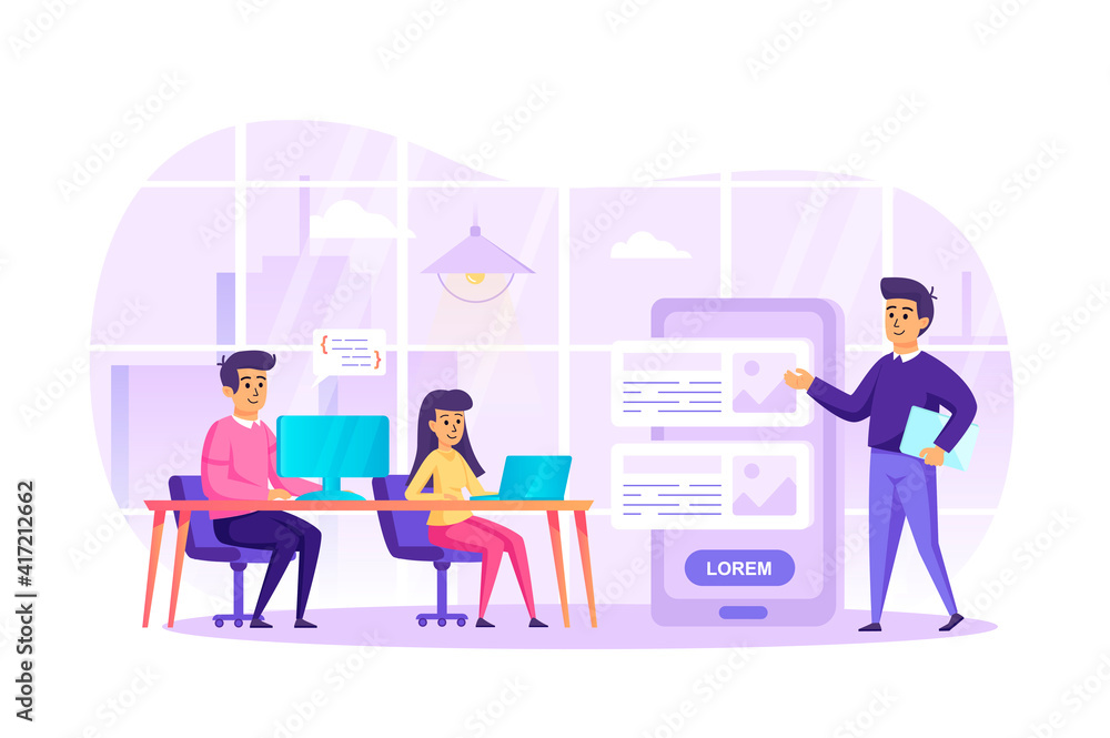 App development at office scene. Developers making mobile application, smartphone interface building process. Colleagues teamwork concept. Vector illustration of people characters in flat design App development at office scene. Developers making mobile application, smartphone interface building process. Colleagues teamwork concept. Vector illustration of people characters in flat design