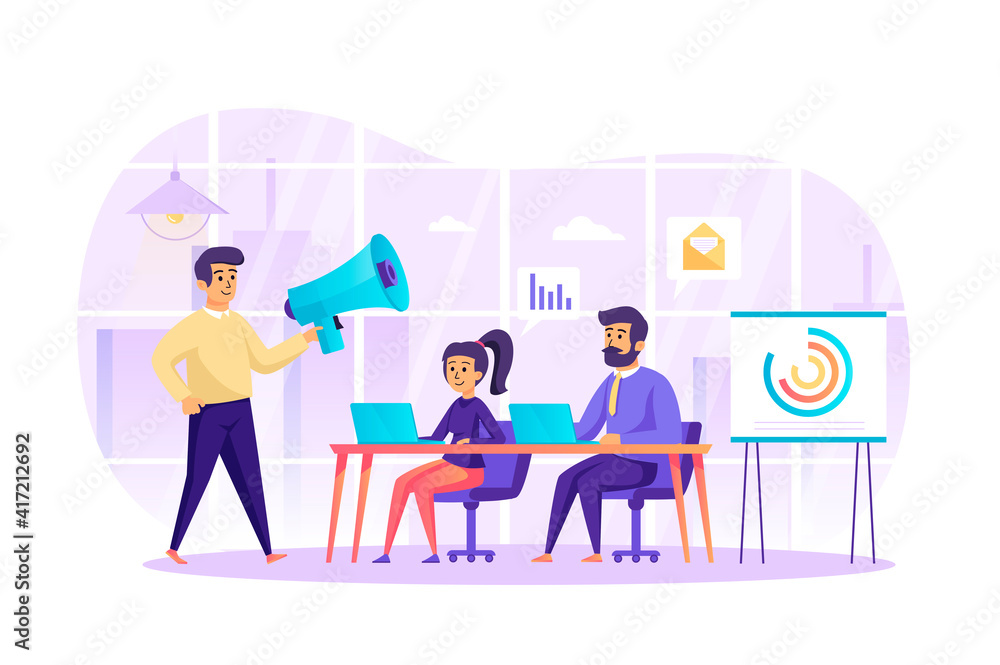 Digital marketing and teamwork at office scene. Marketing team work on project, analyze data, develop strategy. Advertising, promotion concept. Vector illustration of people characters in flat design