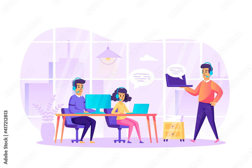 Customer support at office scene. Operators in headsets working at laptop, consulting clients. Call centre, hotline, phone assistants concept. Vector illustration of people characters in flat design Customer support at office scene. Operators in headsets working at laptop, consulting clients. Call centre, hotline, phone assistants concept. Vector illustration of people characters in flat design