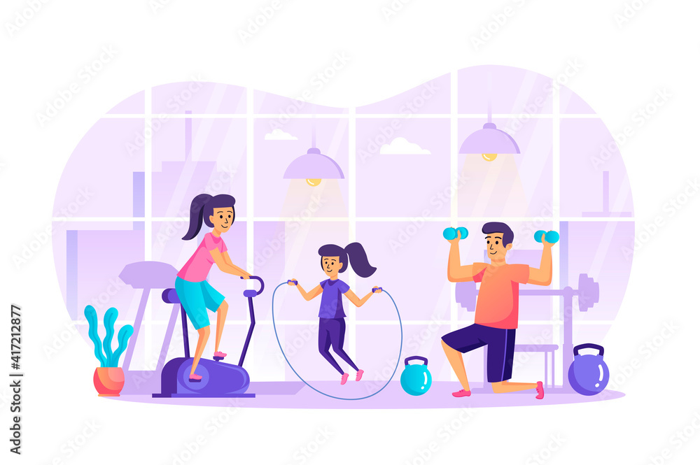 Sports family doing fitness in gym scene. Mom is on stationary bike, dad weightlifting, daughter is jumping rope. Healthy lifestyle concept. Vector illustration of people characters in flat design Sports family doing fitness in gym scene. Mom is on stationary bike, dad weightlifting, daughter is jumping rope. Healthy lifestyle concept. Vector illustration of people characters in flat design