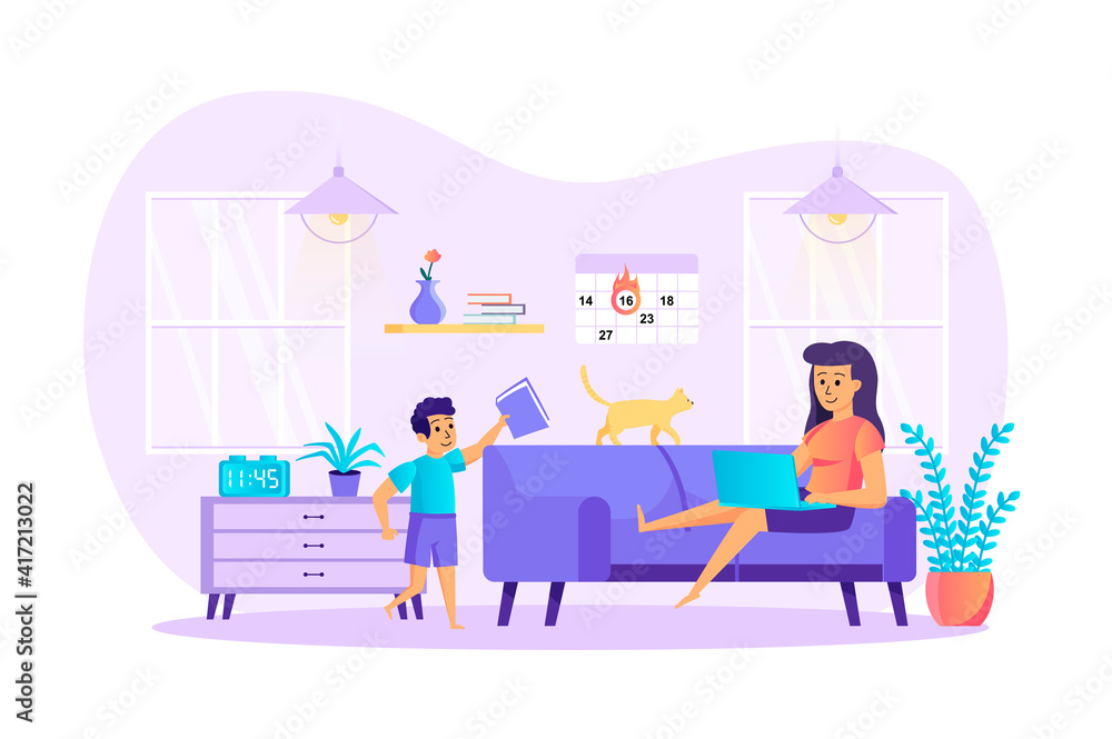 Remote work disadvantages scene. Mom works remotely on laptop, son distracts her. Stress at home office, deadline failure, work late concept. Vector illustration of people characters in flat design