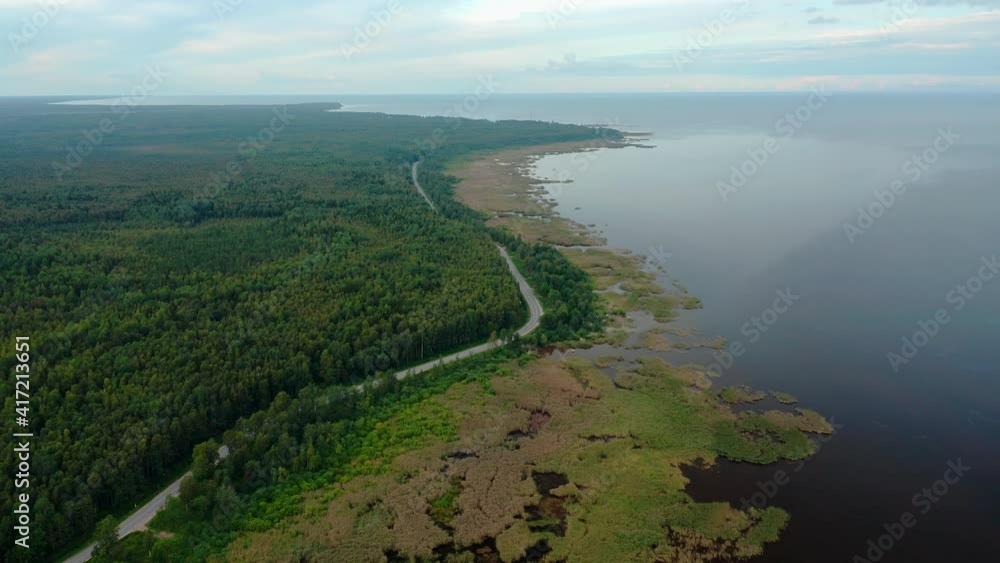 Lakeshore aerial view. Long road and forest on a coastline Lakeshore aerial view. Long road and forest on a coastline