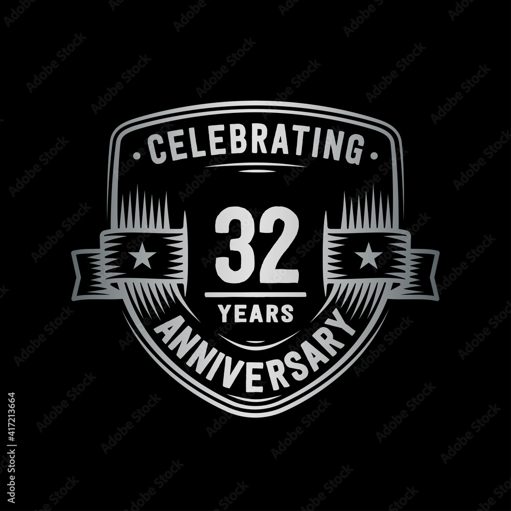 32 years anniversary celebration shield design template. Vector and illustration.