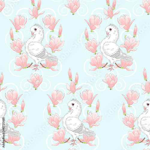 white doves and pink magnolia flowers
