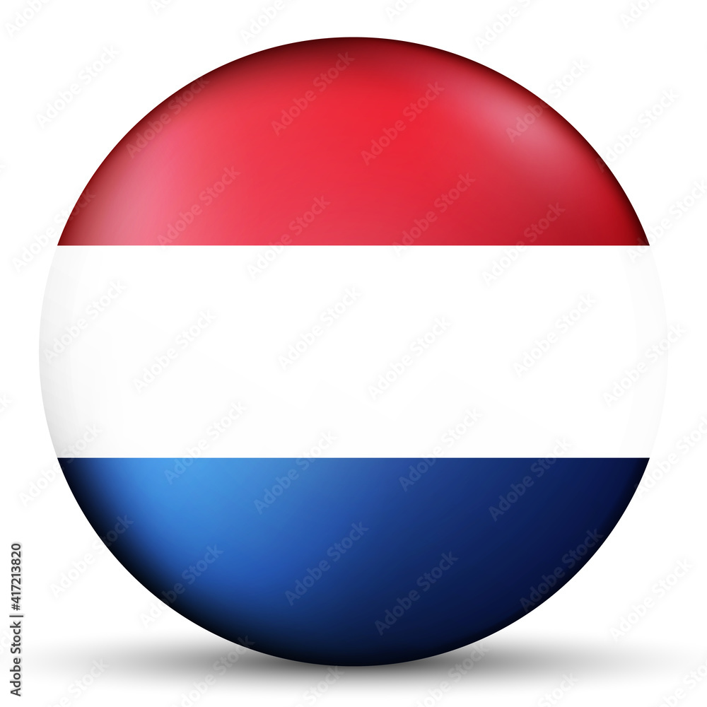 Glass light ball with flag of Netherlands. Round sphere, template icon. Dutch national symbol. Glossy realistic ball, 3D abstract vector illustration highlighted on a white background. Big bubble. Glass light ball with flag of Netherlands. Round sphere, template icon. Dutch national symbol. Glossy realistic ball, 3D abstract vector illustration highlighted on a white background. Big bubble.