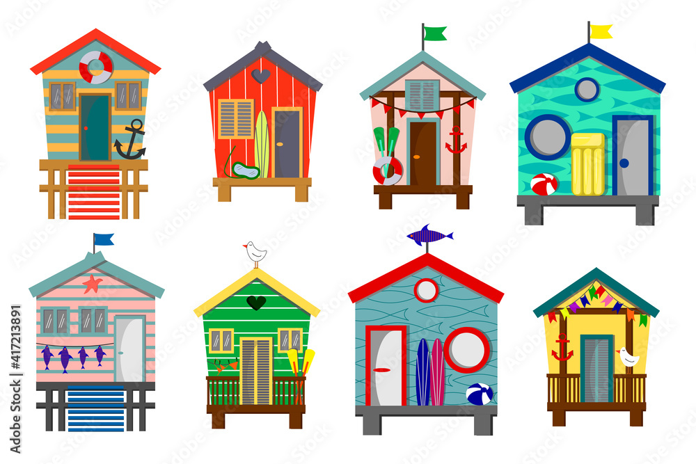 Set of beach houses with lifebuoy, surfboard and seagulls. Vector beach collection isolated on white background. Attributes for a beach holiday on the ocean. For use in decor, cards, flyers and