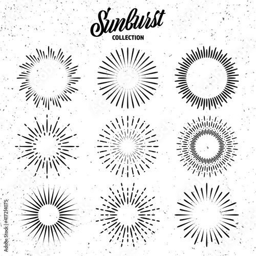 Vintage grunge sunburst collection. Bursting sun rays. Fireworks. Logotype or lettering design element. Radial sunset beams. Vector illustration.
