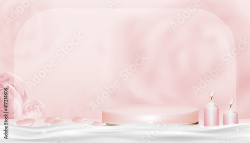 3D Podium display with Rose, candle with pink and yellow gold stand,Vector Realistic on blurry Spring Flower Background, Illustration Showcase Mock up for Beauty Cosmetic or Spa product