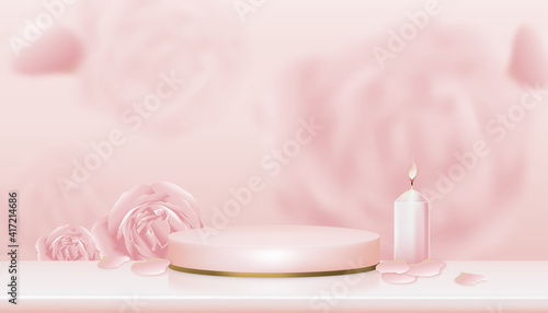 3D Showcase display English rose, candle with pink and yellow gold stand,Vector Realistic podium on blurry spring flower background, illustration showcase mock up for cosmetic products