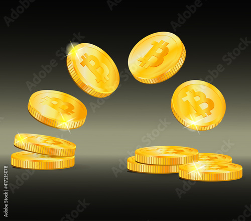 Bitcoins falling. Stack of bitcoins. Сryptocurrency 