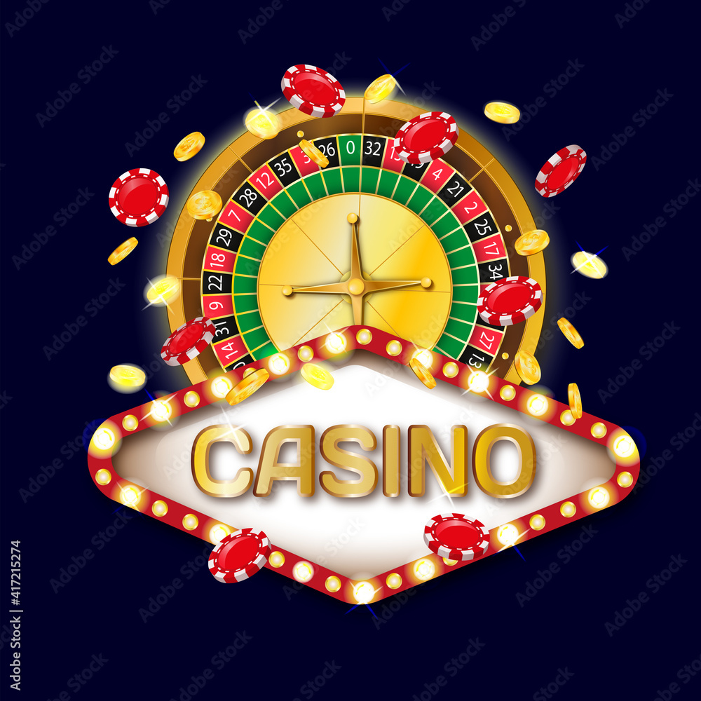 Casino signboard. Casino background with gold coins and casino chips