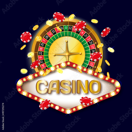 Casino signboard. Casino background with gold coins and casino chips