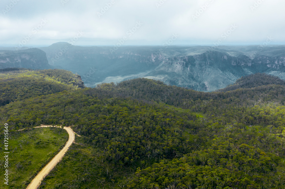 Aerial view of a dirt track in the Grose Valley in The Blue Mountains in Australia