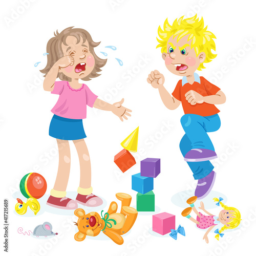 Children and emotions. Little crying girl and angry boy among the scattered toys. In cartoon style. Isolated on white background. Vector flat illustration.