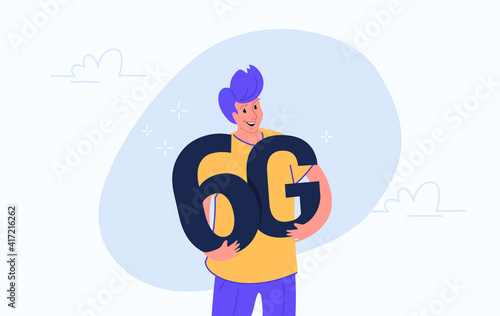 Young happy man hugging heavy 6g symbol. Flat modern concept vector illustration of people like a high speed wireless connection 6G and wireless communications technologies. Casual banner on white