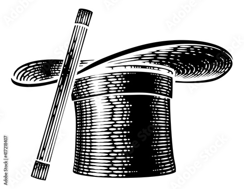 A magic wand and magician top hat drawing in a vintage retro woodcut etching style.