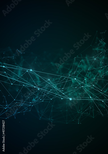 Plexus lines, dots and light beams with light points. Abstract technology, science and engineering background. Depth of field settings. 3D rendering © britaseifert