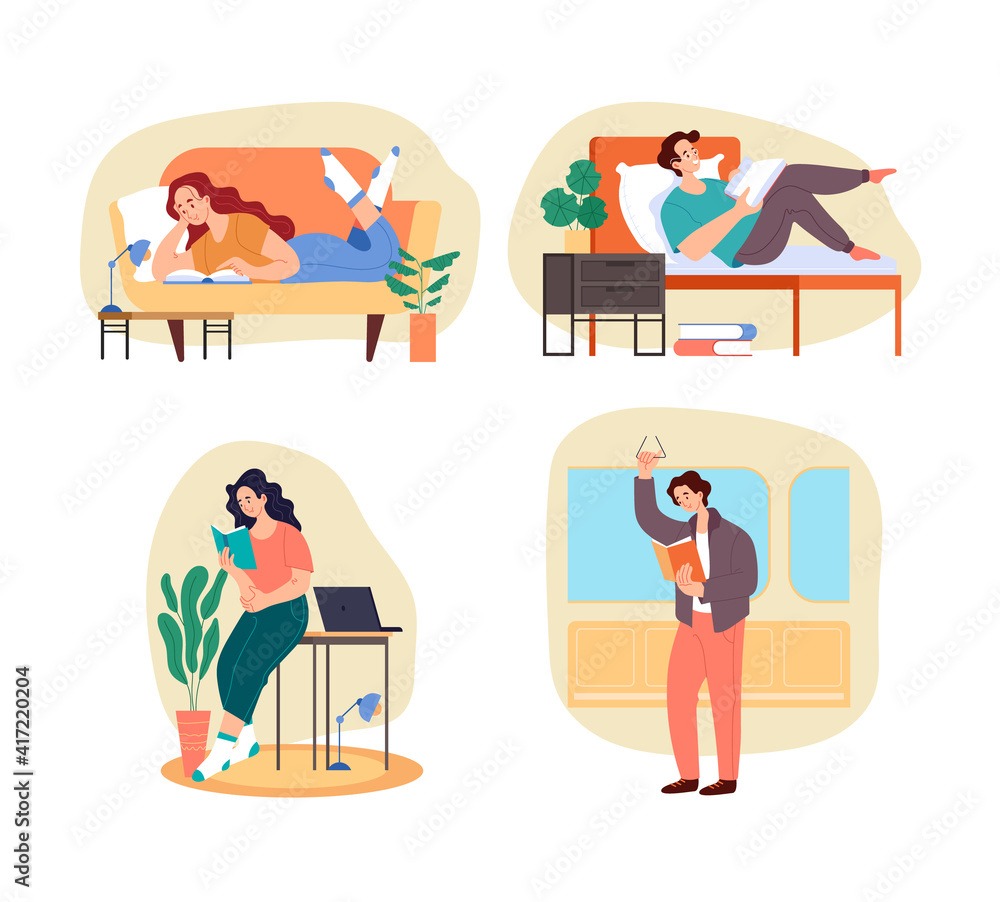 Fototapeta premium People students characters reading book home and outside and prepare examination concept isolated set. Vector graphic design flat simple modern illustration