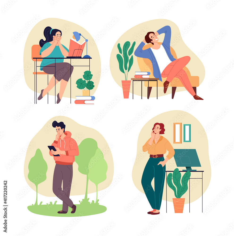 People man woman character thinking and dreaming concept isolated set. Vector graphic design flat simple modern illustration