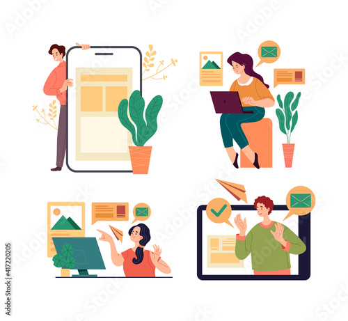 People woman man office workers students characer using digital gadgets laptop phone for working and education. Vector graphic design flat simple modern illustration photo