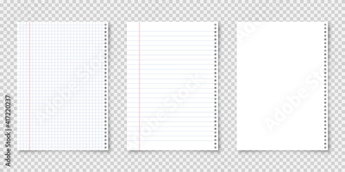 Realistic blank lined paper sheets in A4 format on transparent background. Notebook page, document. Design template or mockup. Vector illustration.