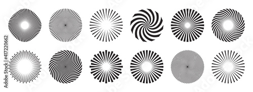 Vintage sunburst collection. Bursting sun rays. Fireworks. Logotype or lettering design element. Radial sunset beams. Vector illustration.