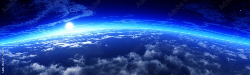 Clouds from low orbit, earth from orbit at sunrise, panorama of clouds at sunset, 3d rendering Clouds from low orbit, earth from orbit at sunrise, panorama of clouds at sunset, 3d rendering