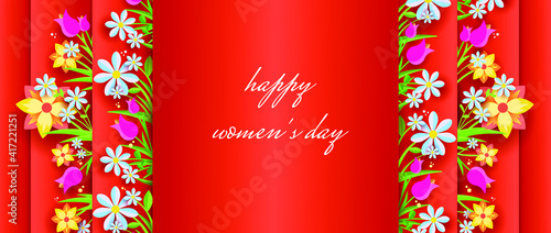 greeting card for International Women's Day and Spring Day. A bright, red card with a lot of colors in juicy colors