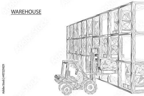 Warehouse. A forklift truck sorts and stacks boxes of goods. Polygonal drawing of thin lines.