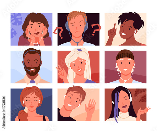 Avatars portrait profile, young woman man heads and faces in square shape collection