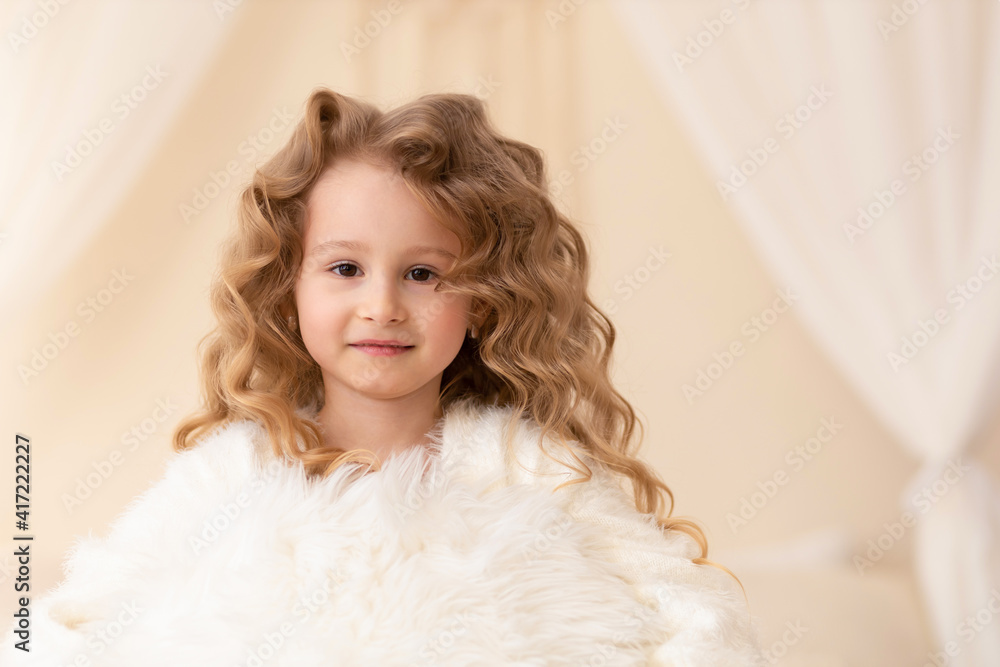 portrait of little beautiful caucasian girl with long curly white hair, brown eyes. human, child emotions. . portrait of little beautiful caucasian girl with long curly white hair, brown eyes. human, child emotions. .