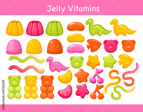Gummy chewing vitamins jelly with fruit flavor set, colorful sweet bright gum vitamins