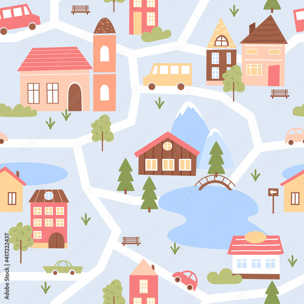 Cute city houses seamless pattern, cartoon funny map cityscape with small buildings