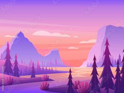 Mountain landscape with pine forest and river under purple sky, nature summer scenery