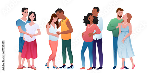 Happy young pregnant cute couple people set, different race happy married characters