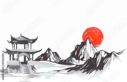 Japan traditional sumi-e painting. Fuji mountain, sakura, sunset. Japan sun. Indian ink vector illustration. Japanese picture.