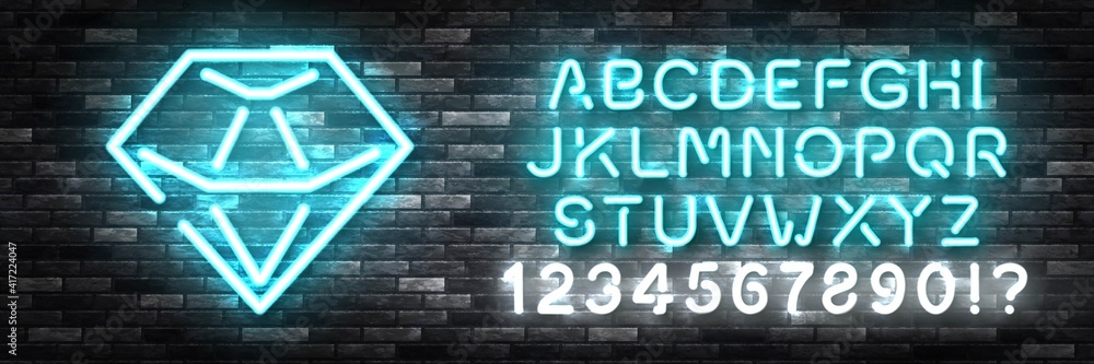 Vector realistic isolated neon sign of Diamond with easy to change color font alphabet on the wall background.