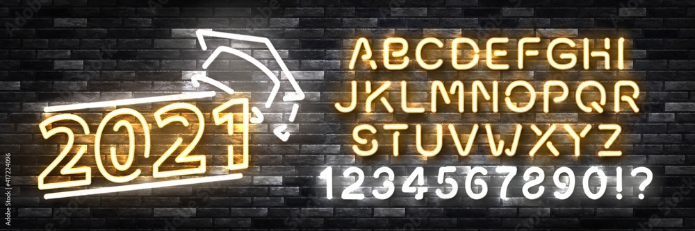 Vector realistic isolated neon sign of Graduation 2021 logo with easy to change color font alphabet on the wall background. Vector realistic isolated neon sign of Graduation 2021 logo with easy to change color font alphabet on the wall background.