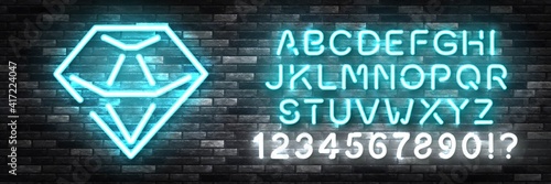 Vector realistic isolated neon sign of Diamond with easy to change color font alphabet on the wall background.
