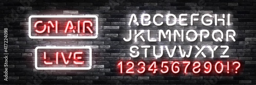 Vector realistic isolated neon sign of On Air with easy to change color font alphabet on the wall background. Concept of podcast and live streaming.